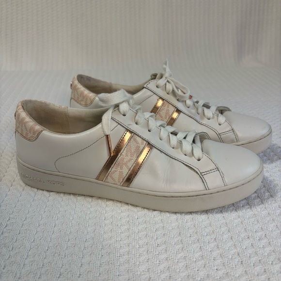 Michael Kors Irving Stripe Lace Up Logo Leather Sneakers White Pink Womens Sz 9 - Picture 1 of 8